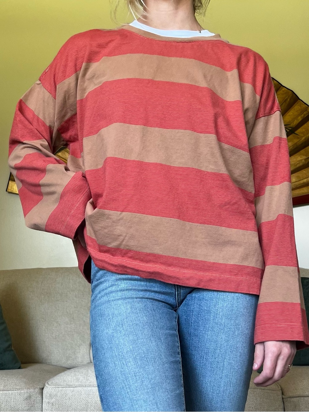 Madewell Striped Easy Crewneck Long-Sleeve Tee in Dark Camel - Medium - Picture 2 of 7